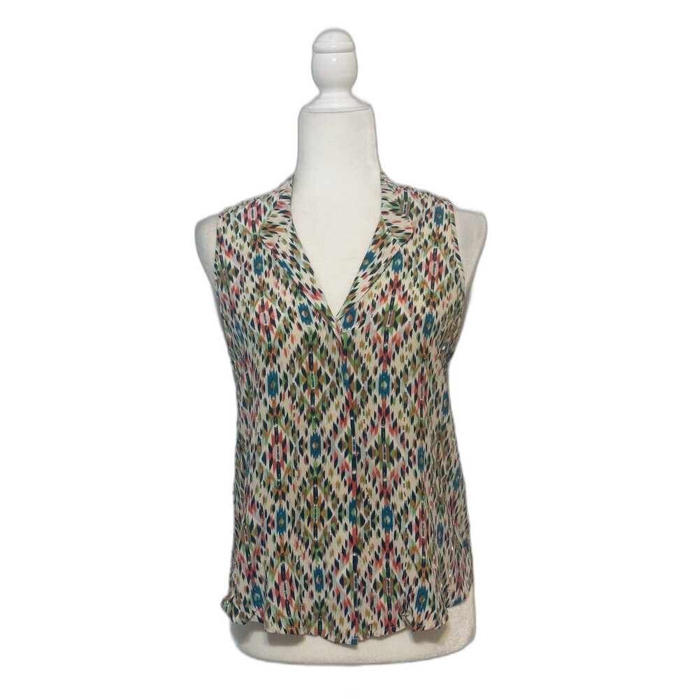 RORY BECA Women Size XS Silk Multicolor Diamond Print Beaded Top Glam Summer